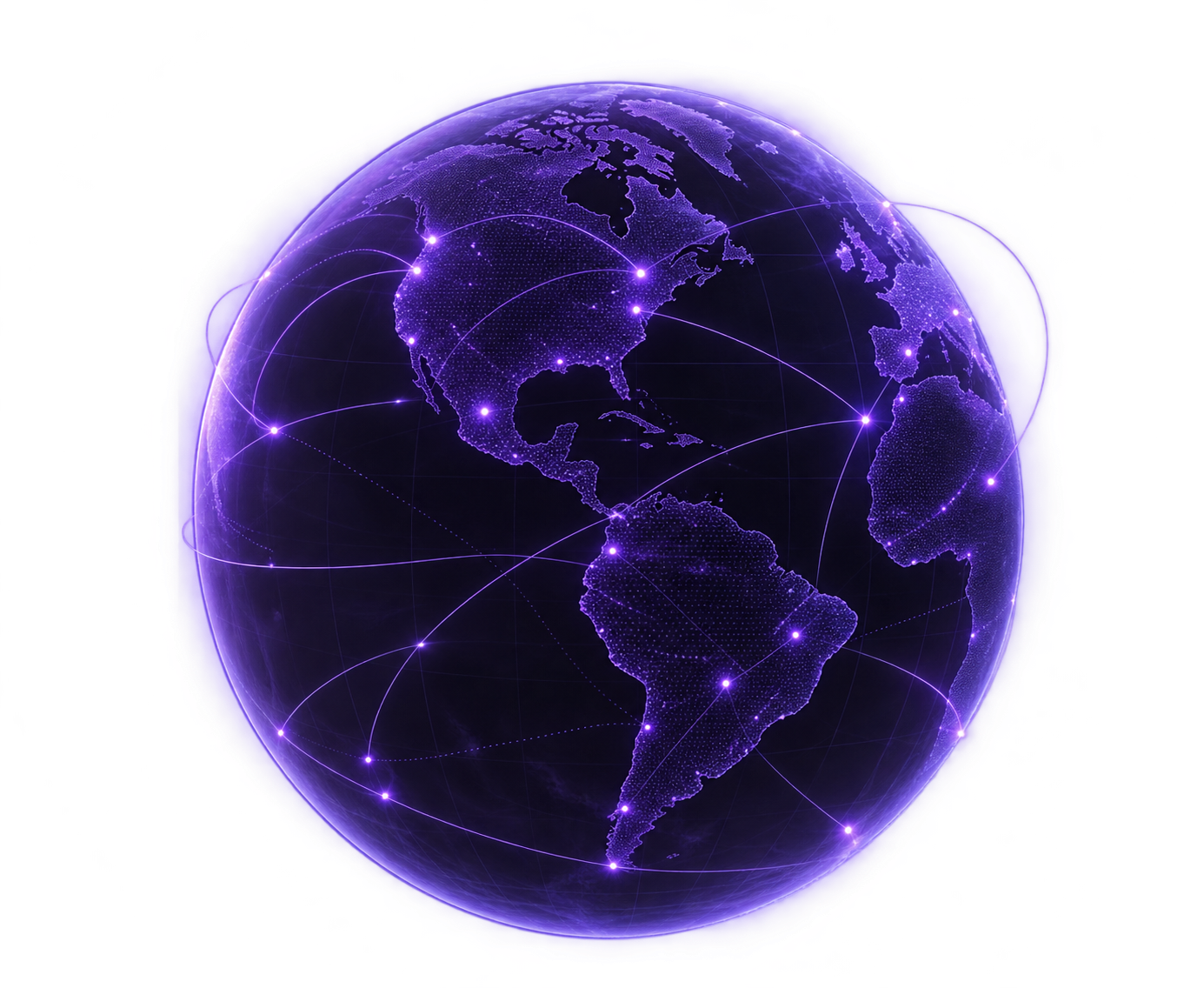Globo terrestre digital roxo com pontos e linhas de conexão